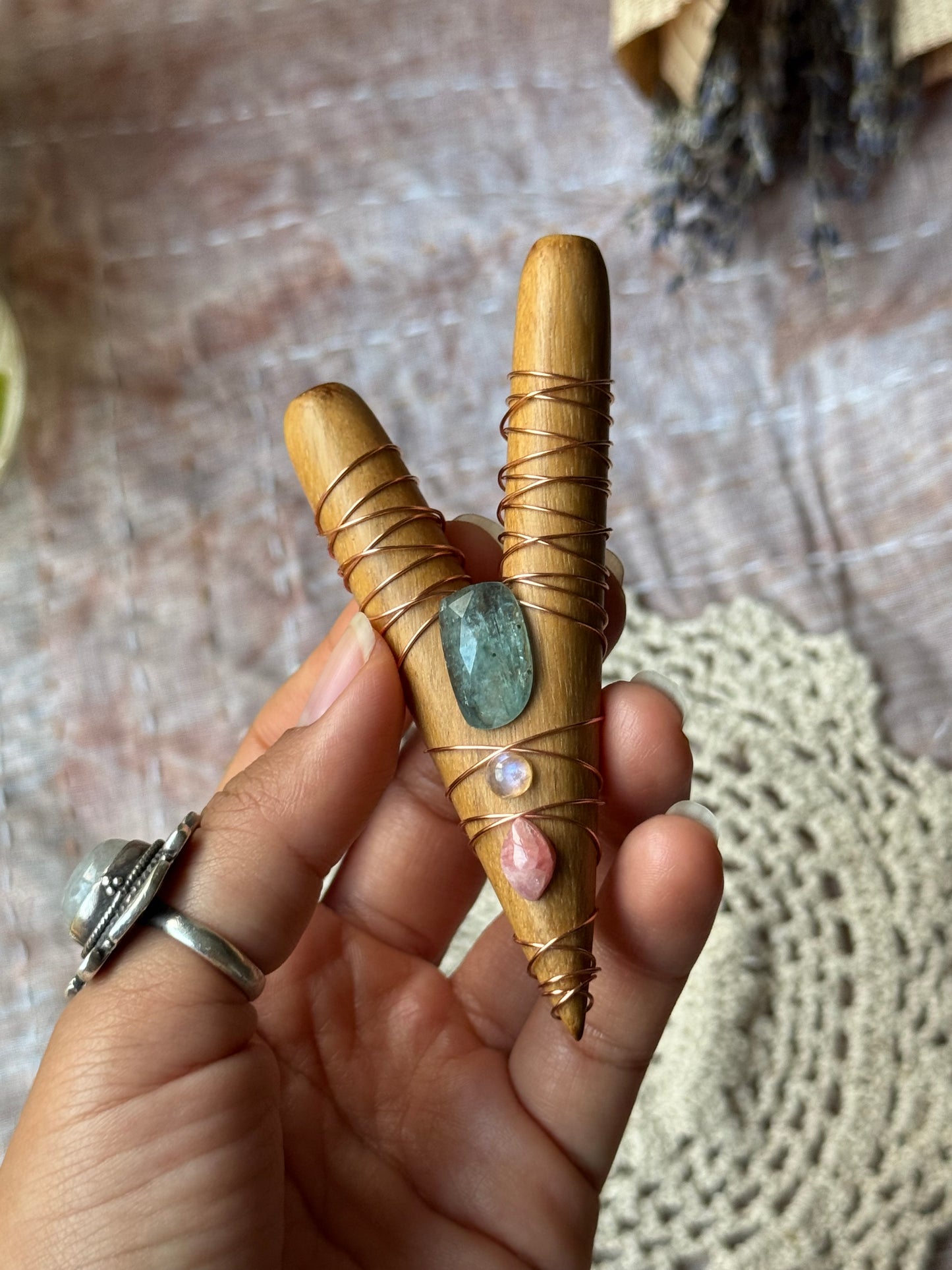 "MERMAID" Wire Wrapped Kuripe ~ Teal Kyanite, Moonstone, Rhodochrosite