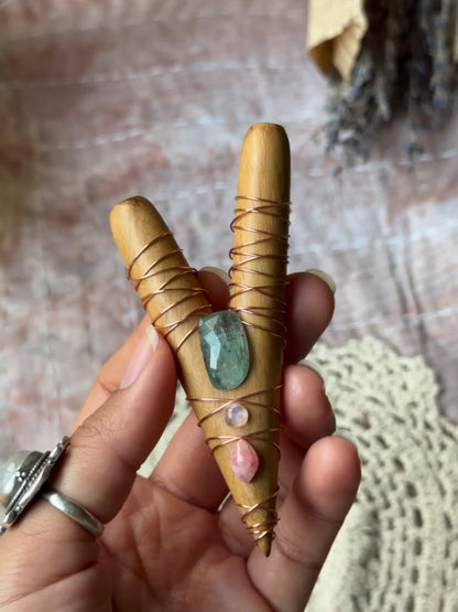 "MERMAID" Wire Wrapped Kuripe ~ Teal Kyanite, Moonstone, Rhodochrosite